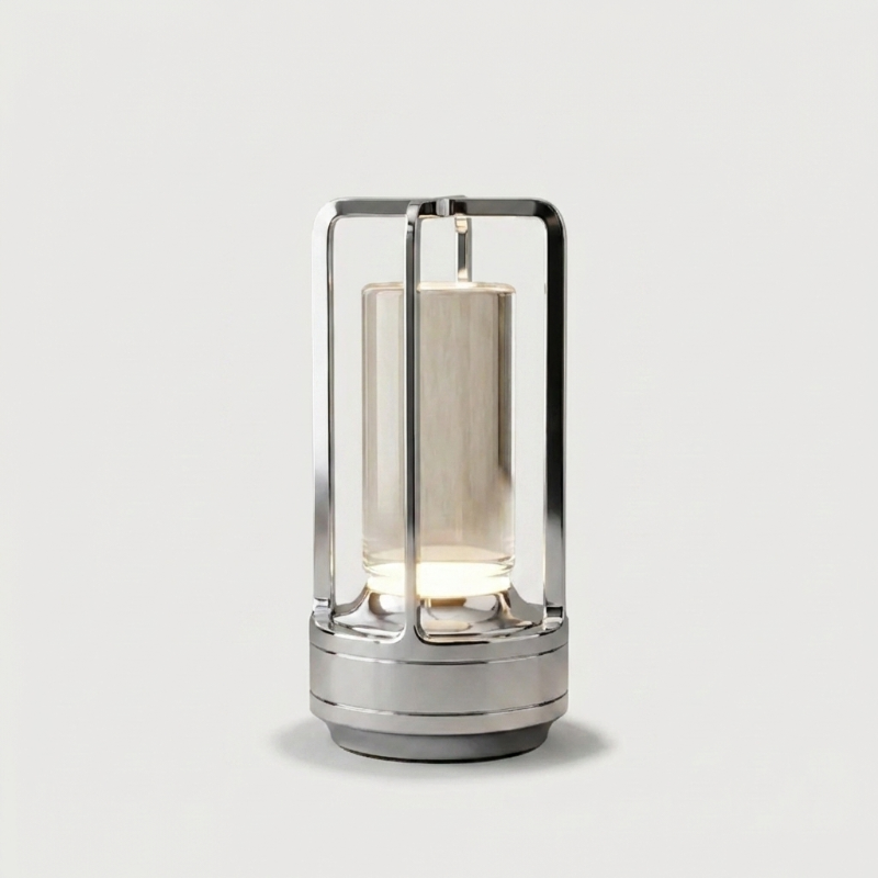 Silver Elio cordless metal table lamp on white background