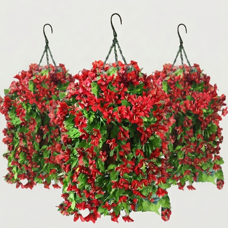 Set of three red faux UV-resistant hanging lilies on white background