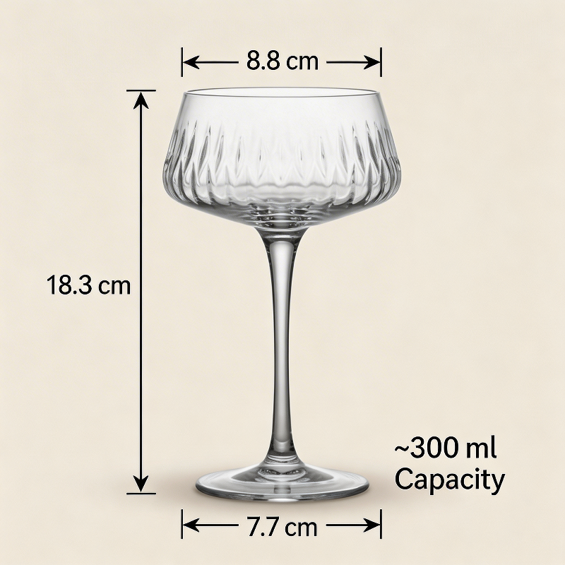 Clear glass wine glass with measurements on a beige background