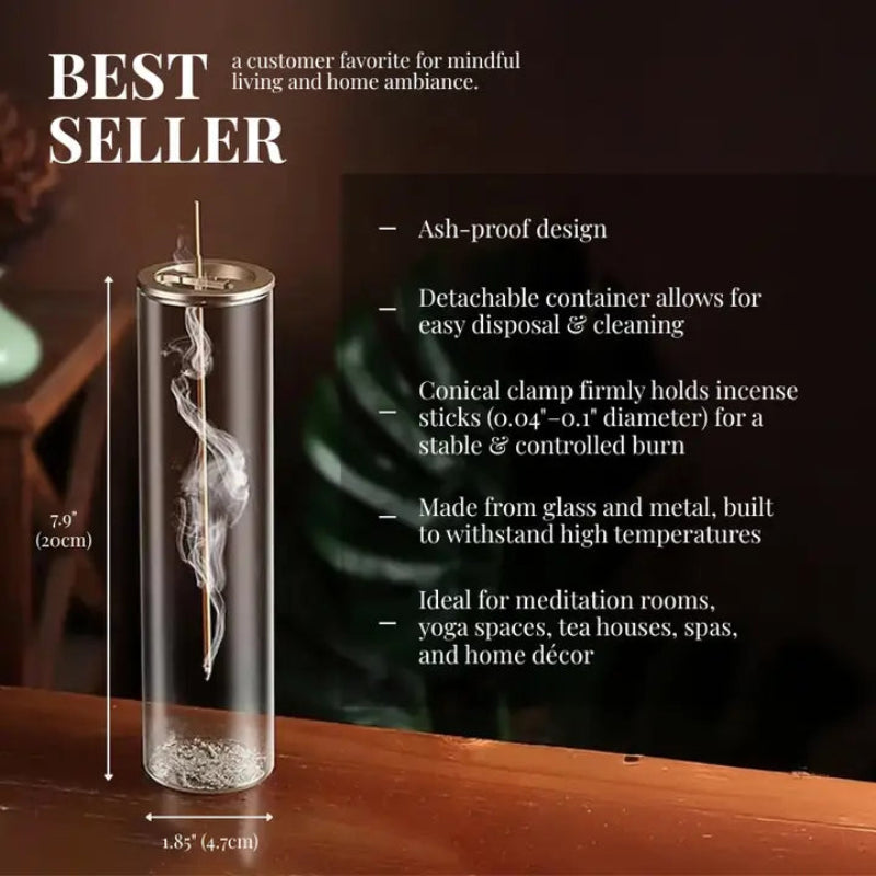 Glass incense holder with smoke, dimensions, and features listed on a dark background