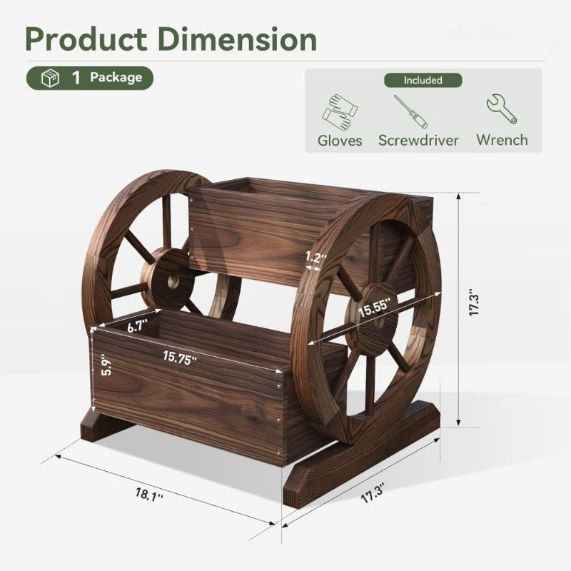 Wooden planter with dimensions and included tools on a white background