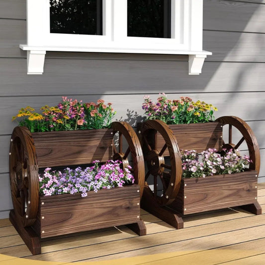 Wooden wagon planter box on porch with flowers – Kiyo Home