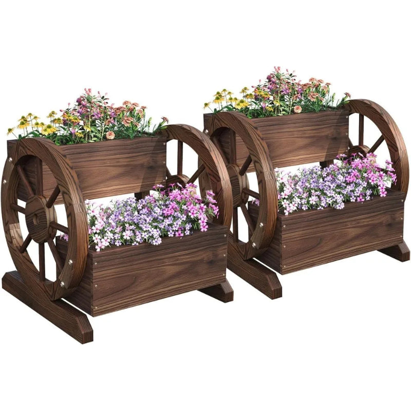 Two wooden planter boxes with wheels filled with flowers on a white background