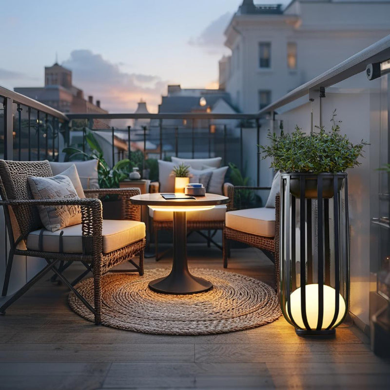 A stylish rooftop balcony at dusk features a round black table with a glowing top, surrounded by wicker chairs with light cushions. A tall black lantern with a glowing white spherical base and a potted plant stands to the right. A round woven rug sits under the table and chairs. The balcony has black railings and offers a view of city buildings under a twilight sky.