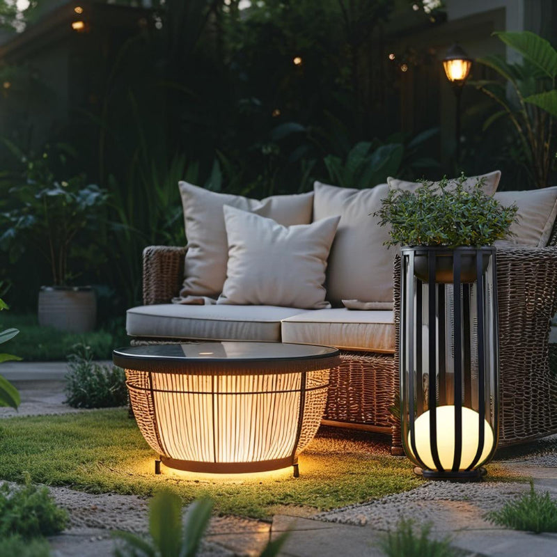 A warmly lit outdoor patio at dusk features a round black table with a light shining through its slatted design, a wicker sofa with light cushions and pillows, and a tall black lantern with a glowing white spherical base and a potted plant on top. The patio is paved with small stones and surrounded by lush greenery. String lights and a pole lamp in the background enhance the cozy ambiance.