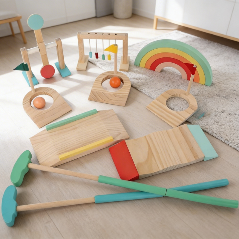 Set of wooden toys including mallets, balls, and a rainbow on a light wood floor.