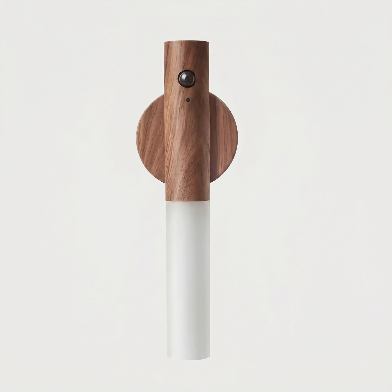 Lumi motion sensor light in dark wood finish on white background