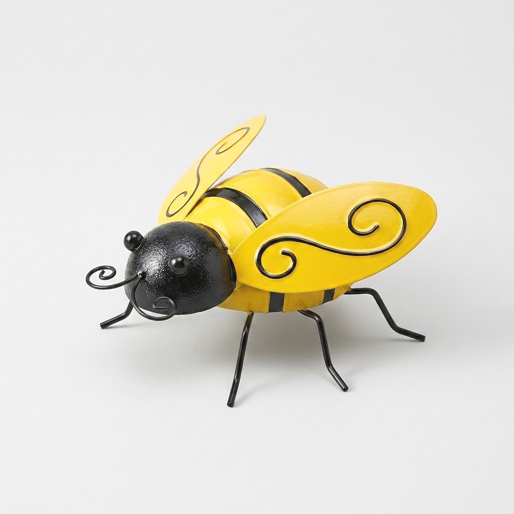 Close-up of a metal bumble bee figurine standing on wire legs
