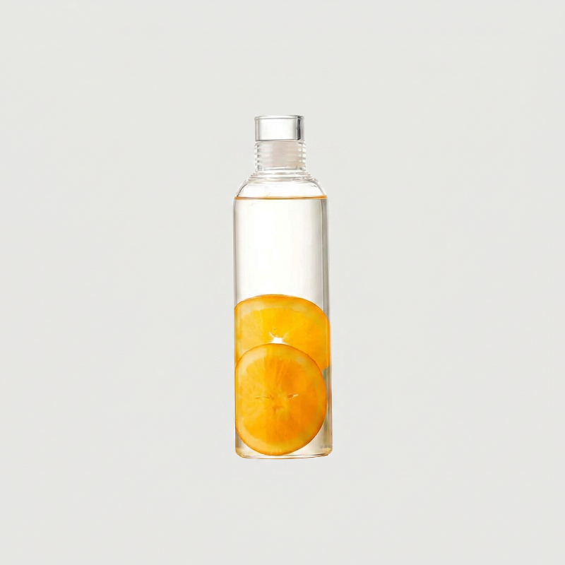 Clear bottle with sliced oranges inside on a light gray background