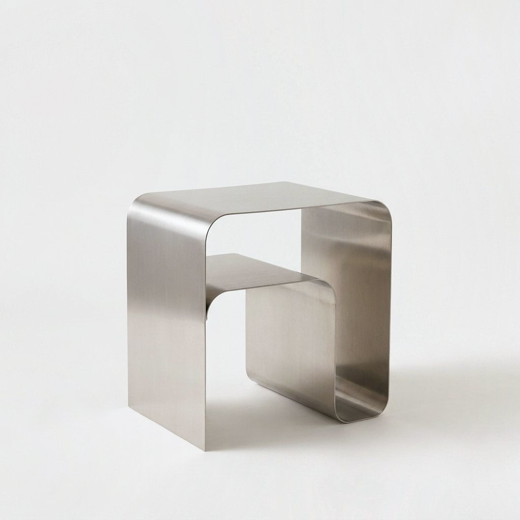 Empty brushed stainless steel arch side table with a flat top and a lower half-depth shelf on a plain light backdrop