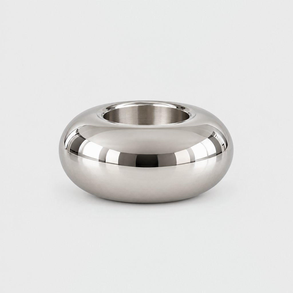 Larger low wide polished silver rounded candleholder with an empty opening on a plain pale gray background