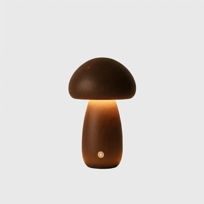 Dark wood mushroom table lamp on white background
