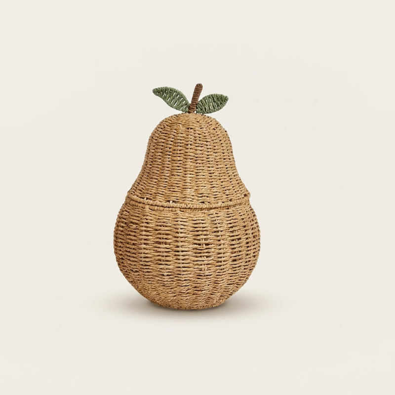Decorative pear-shaped rattan basket.
