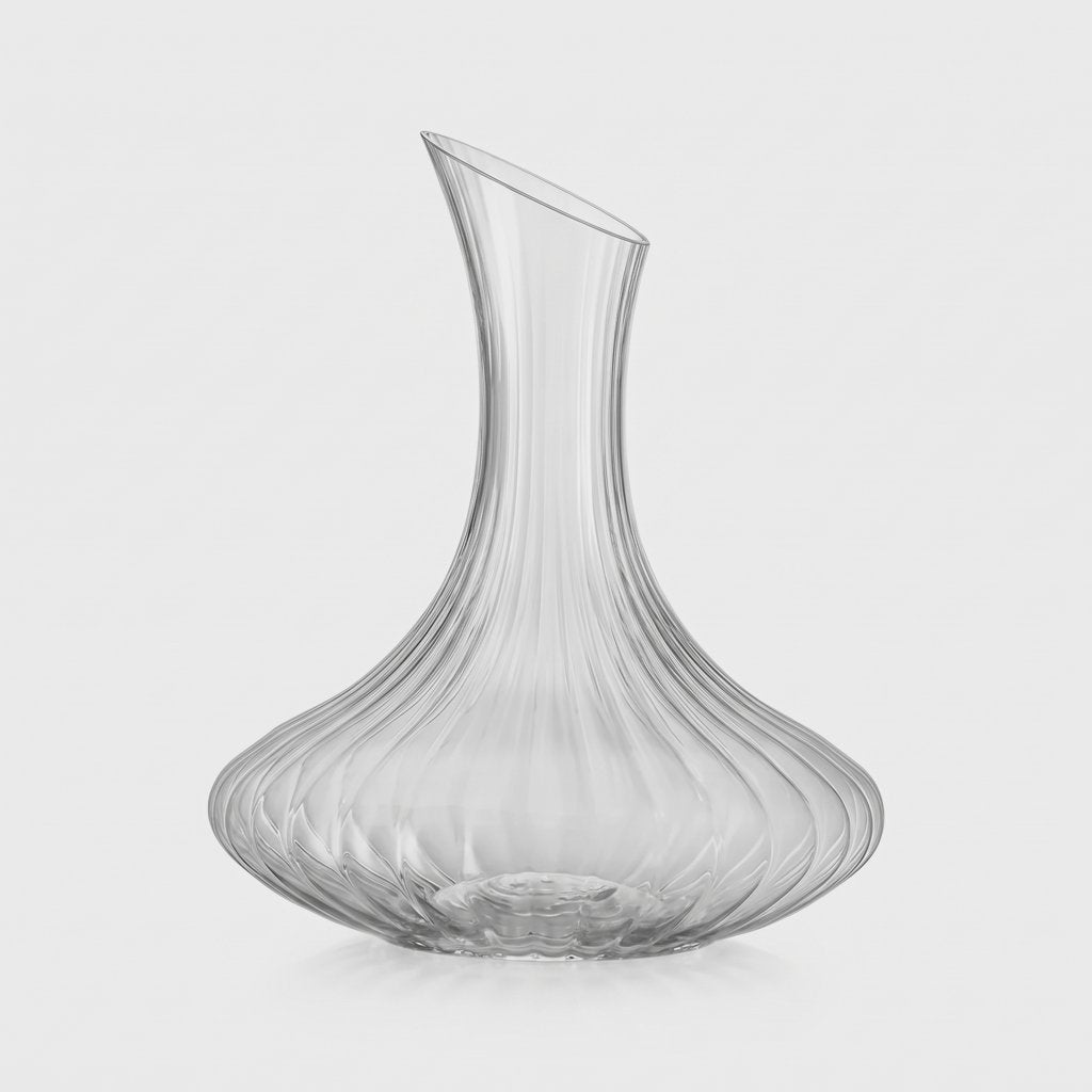 Empty ribbed glass wine decanter with a slanted neck on a plain light background