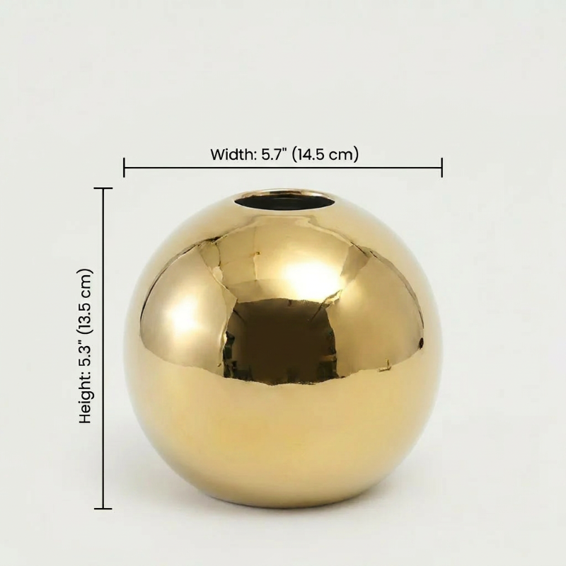 Round gold vase dimensions graphic on white background