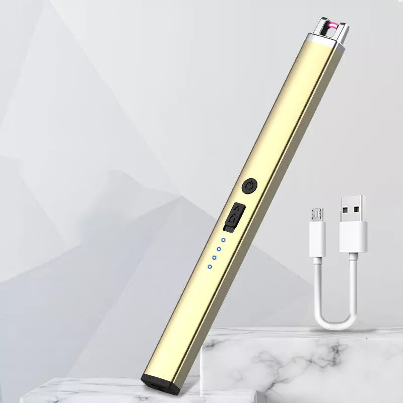 A gold electric arc lighter is displayed diagonally on a light background with a white USB charging cable to the right. The lighter has a black tip and a series of small indicator lights.