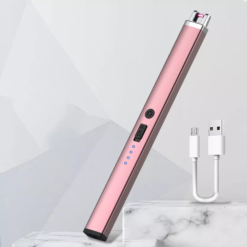 A pink electric arc lighter is displayed diagonally on a light background with a white USB charging cable to the right. The lighter has a black tip and a series of small indicator lights.