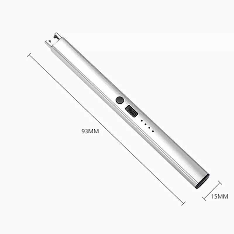 A silver electric arc lighter is shown diagonally with dimensions labeled. The length is marked as 93mm and the width is marked as 15mm.