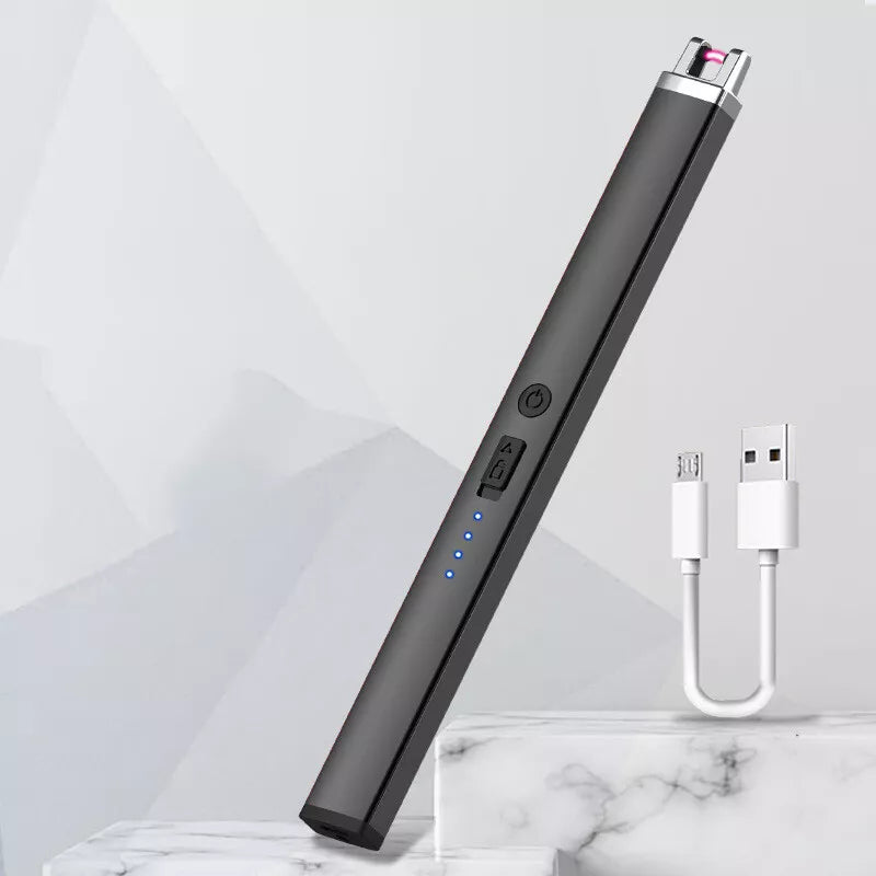 A dark gray electric arc lighter is displayed diagonally on a light background with a white USB charging cable to the right. The lighter has a black tip and a series of small indicator lights.