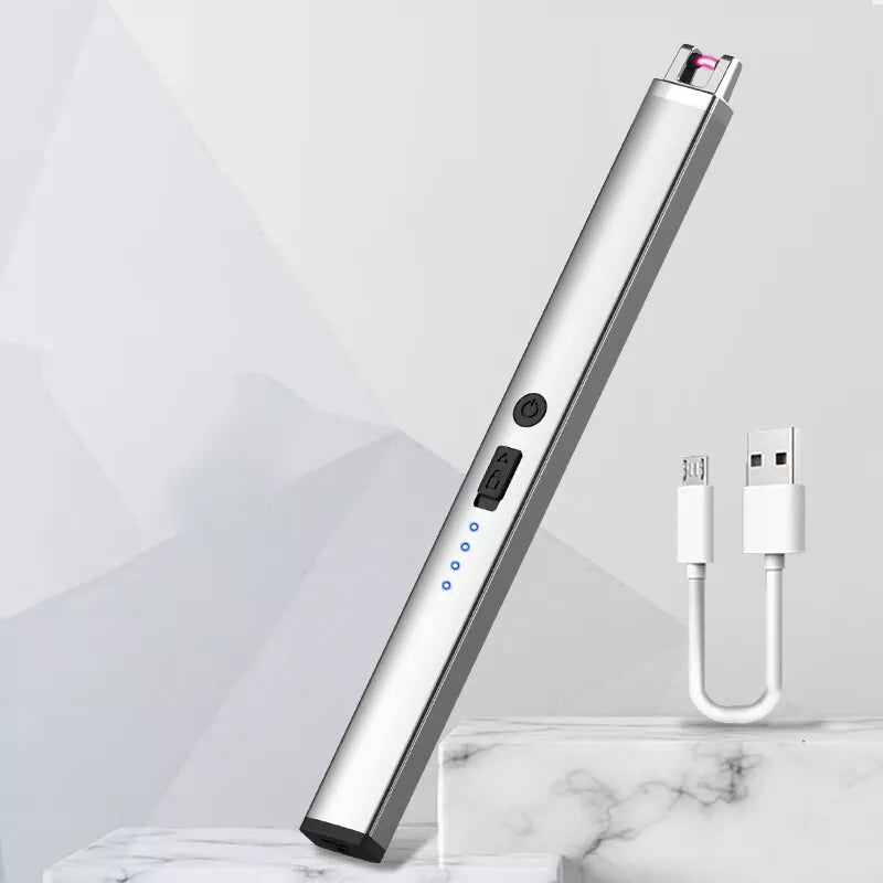 A silver electric arc lighter is displayed diagonally on a light background with a white USB charging cable to the right. The lighter has a black tip and a series of small indicator lights.