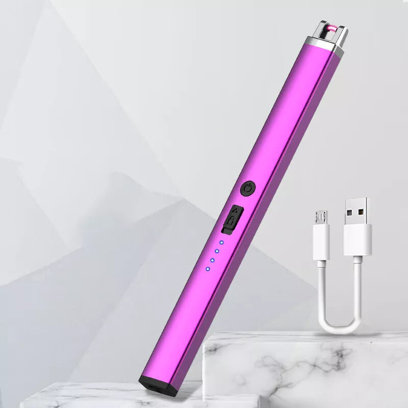 A purple electric arc lighter is displayed diagonally on a light background with a white USB charging cable to the right. The lighter has a black tip and a series of small indicator lights.