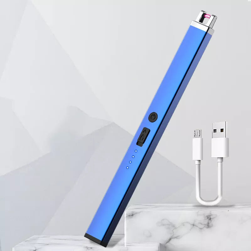 A blue electric arc lighter is displayed diagonally on a light background with a white USB charging cable to the right. The lighter has a black tip and a series of small indicator lights.