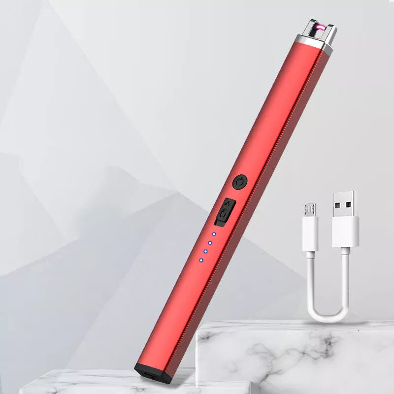 A red electric arc lighter is displayed diagonally on a light background with a white USB charging cable to the right. The lighter has a black tip and a series of small indicator lights.