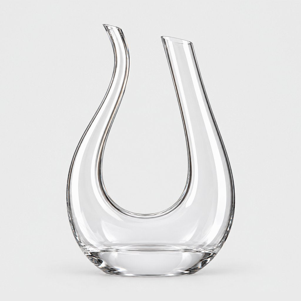 Clear U shaped glass wine decanter with two upright arms and a wide base on a light grey background
