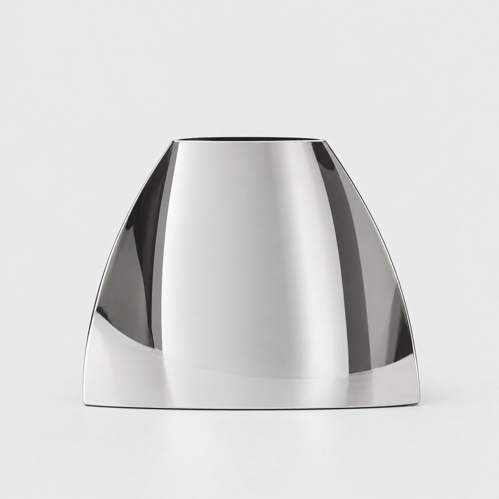 Large polished mirror silver arched vase with a wide tapered dome shape on a light grey background