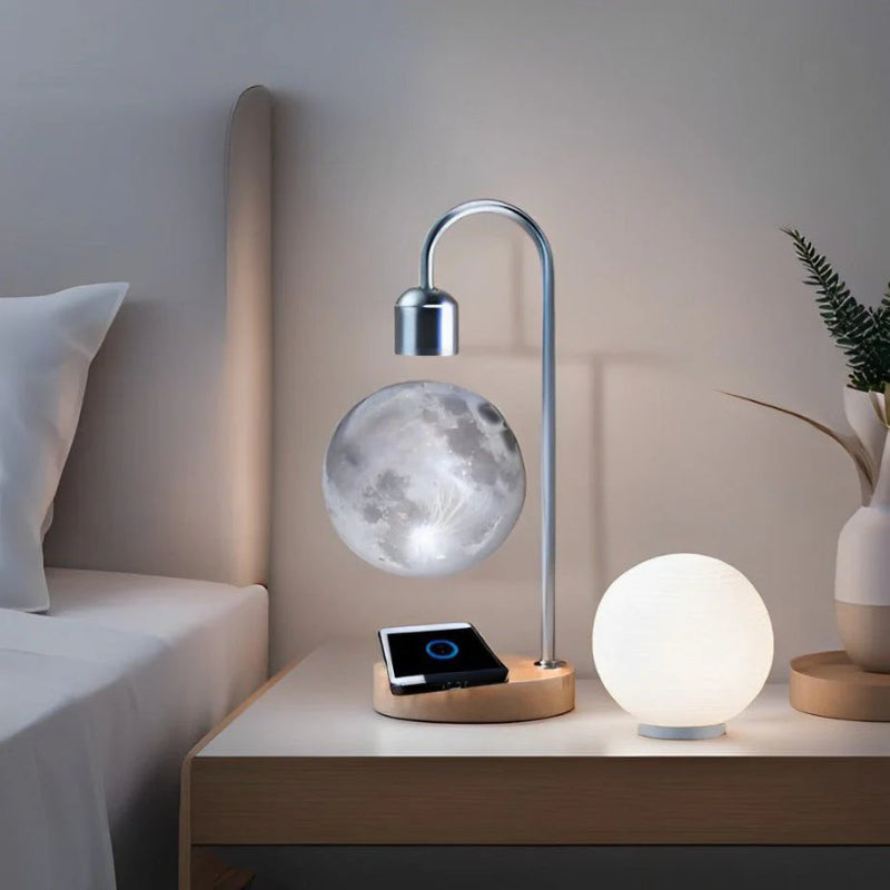 Levitating wireless charger moon lamp, featuring a realistic moon glow and wireless charging feature for a sleek, modern look.