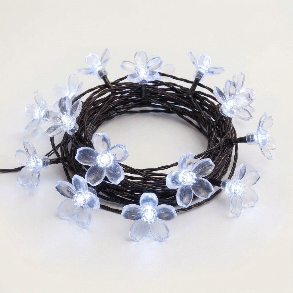 White solar blossom flower garden string lights coiled, Kiyo Home