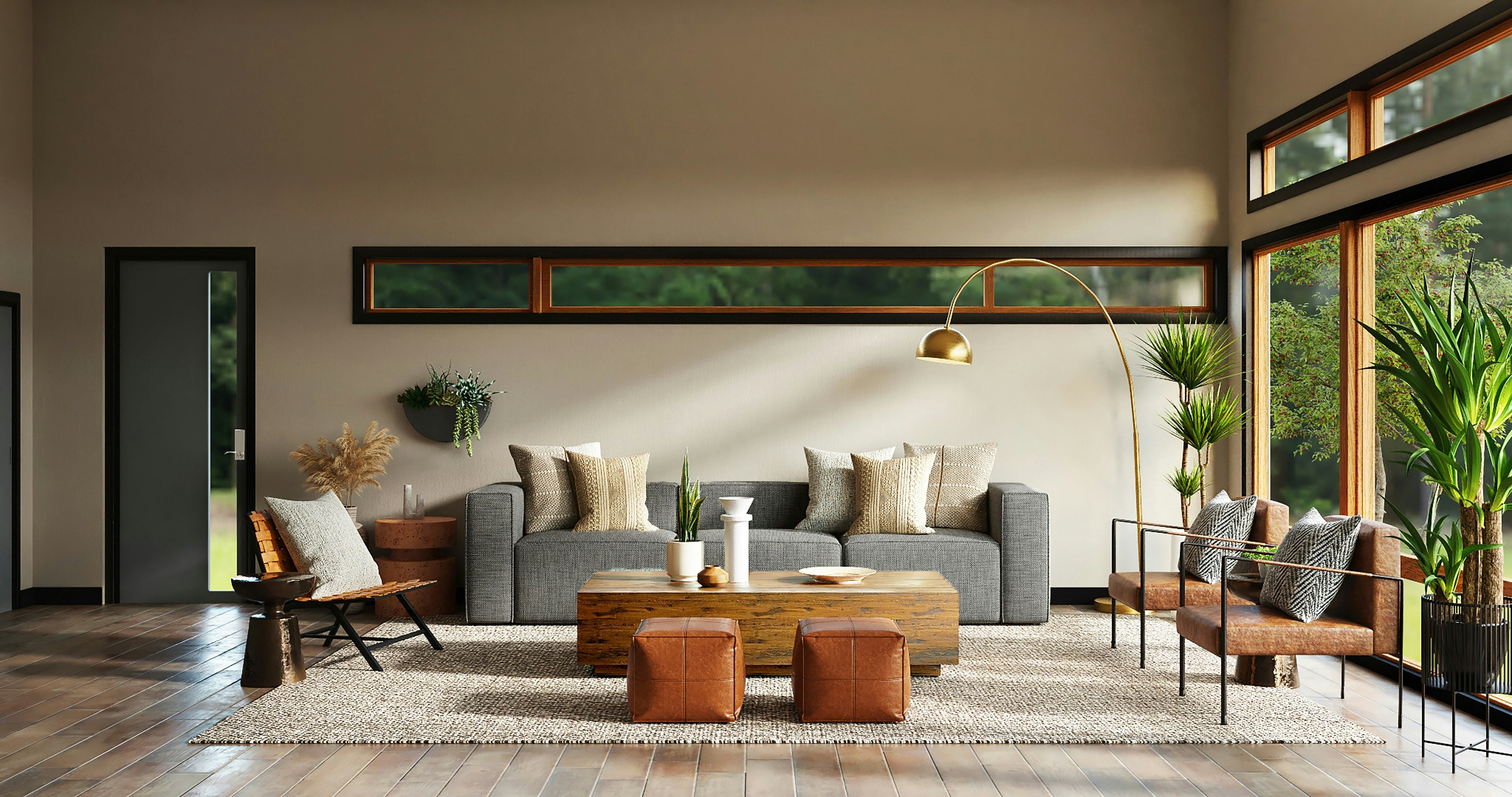 Modern living room with nature-inspired home decor, featuring warm neutral tones, organic textures, and minimalist design from Kiyo Home.
