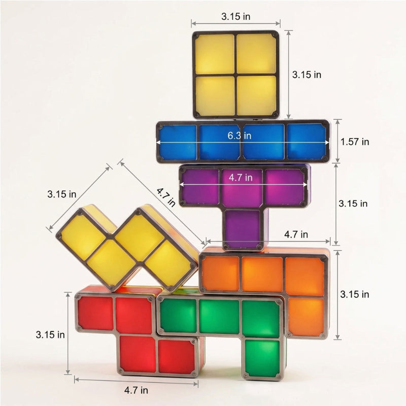 Colorful Tetris-style block set with measurements on a white background