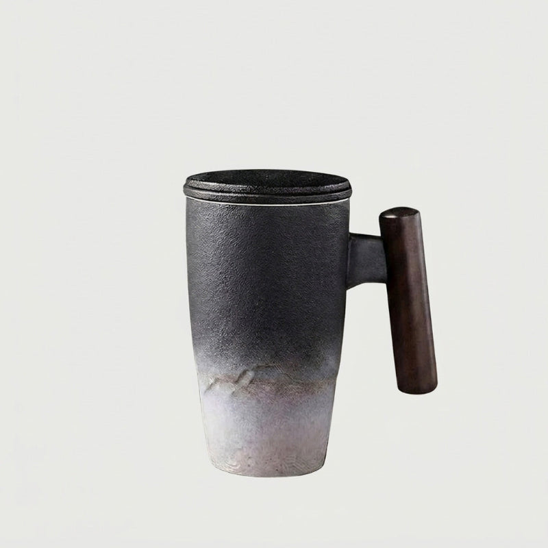 Gradient thermal mug with wood handle on white background