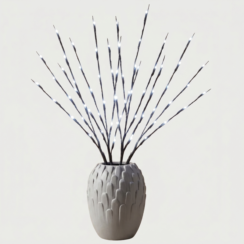Willow branch LED lights in grey vase on white background