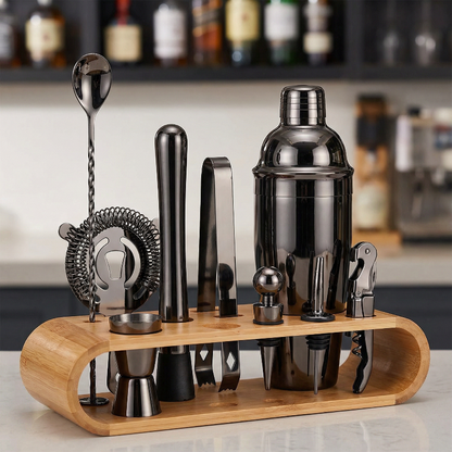 10-piece black cocktail bar set designed for modern home bar use.