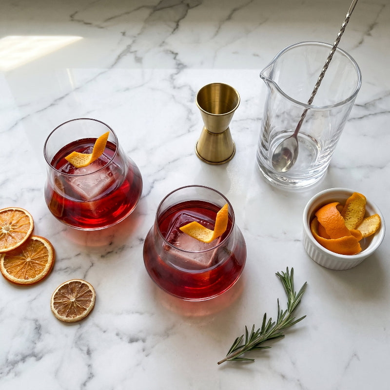 Two cocktails with orange slices and ice cubes on a marble surface, accompanied by a jigger, glass, and bowl of orange peels.