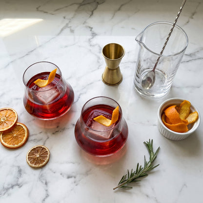 Two cocktails with orange slices and ice cubes on a marble surface, accompanied by a jigger, glass, and bowl of orange peels.