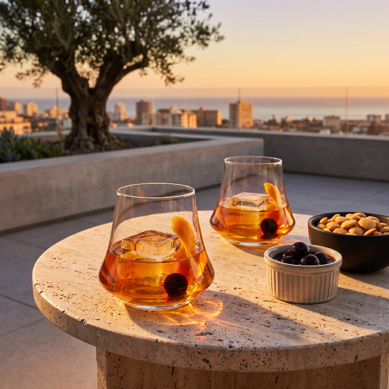 Two whiskey cocktail glasses with garnishes on a stone table with a cityscape and sunset in the background.