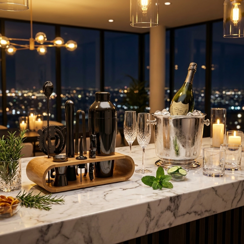 Bartending setup with champagne bottle, glasses, and bar tools on a marble surface with cityscape view.