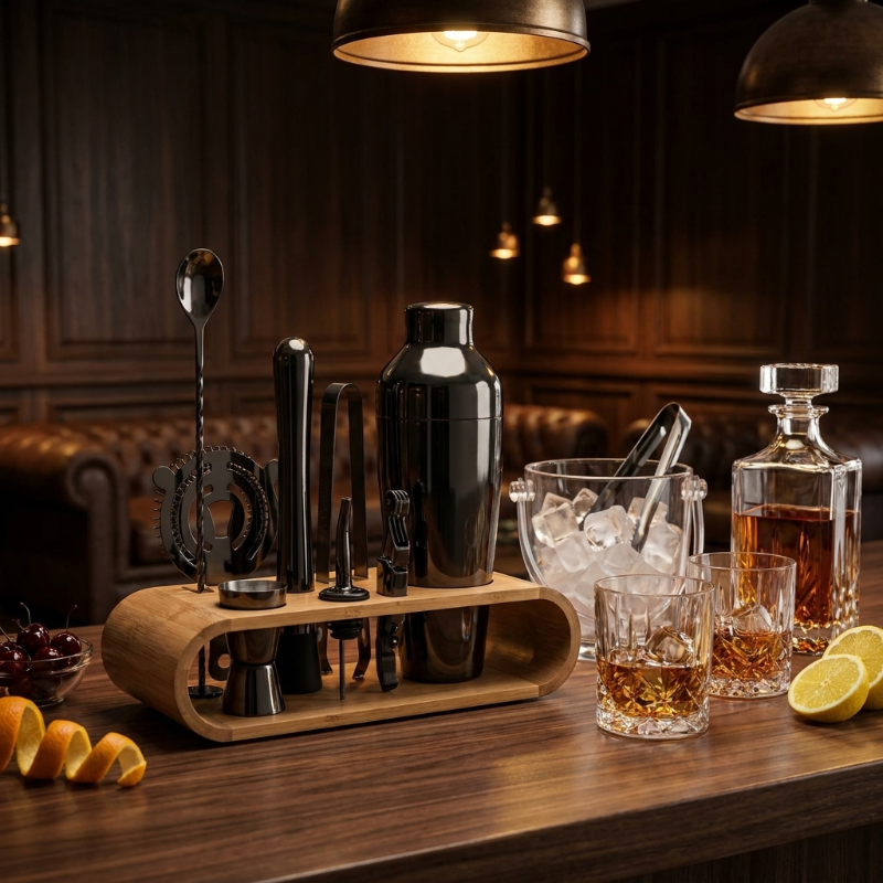 Bartending set with shaker and tools on a bar counter with drinks and garnishes.