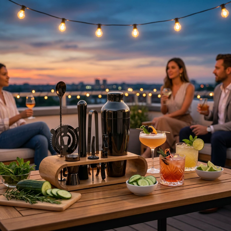 Cocktail setup on a rooftop with people enjoying drinks and a cityscape in the background.