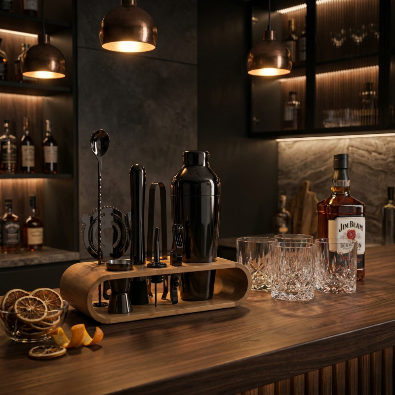 Bar setup with cocktail shaker, glasses, and Jim Beam bottle in a dimly lit bar.