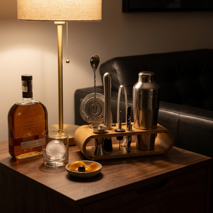 10-piece cocktail bar tool set on bar cart in moody interior