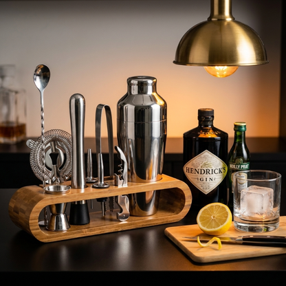 10-piece cocktail bar tool set on home bar table with citrus and glassware