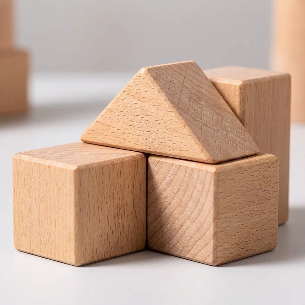 Close-up of natural wood grain on cube and triangle-shaped building blocks