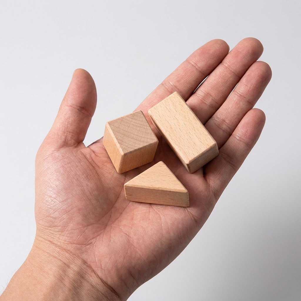 Adult hand holding a cube, rectangle, and triangle wood block to show their size
