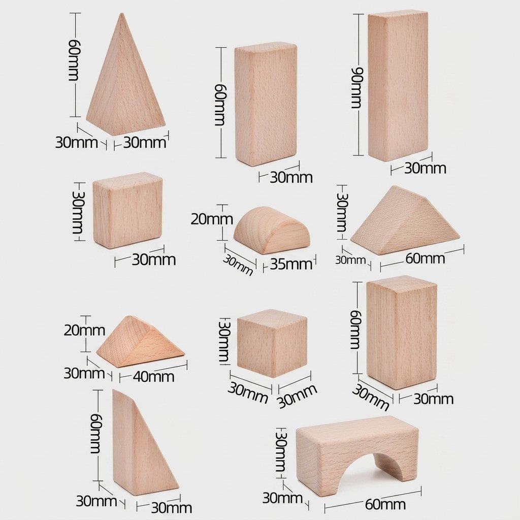 Diagram of each wood block shape — cube, rectangle, triangle, pyramid, arch, and half-cylinder — labeled with millimeter dimensions