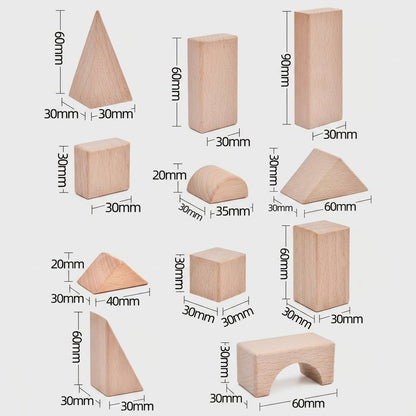 Diagram of each wood block shape — cube, rectangle, triangle, pyramid, arch, and half-cylinder — labeled with millimeter dimensions
