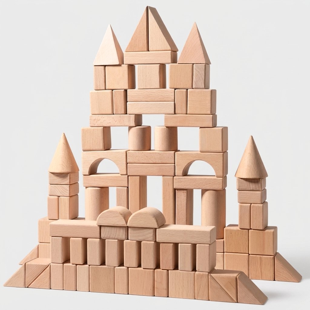 Large wood block castle with cone-topped towers, arched columns, and stepped walls, on a white background